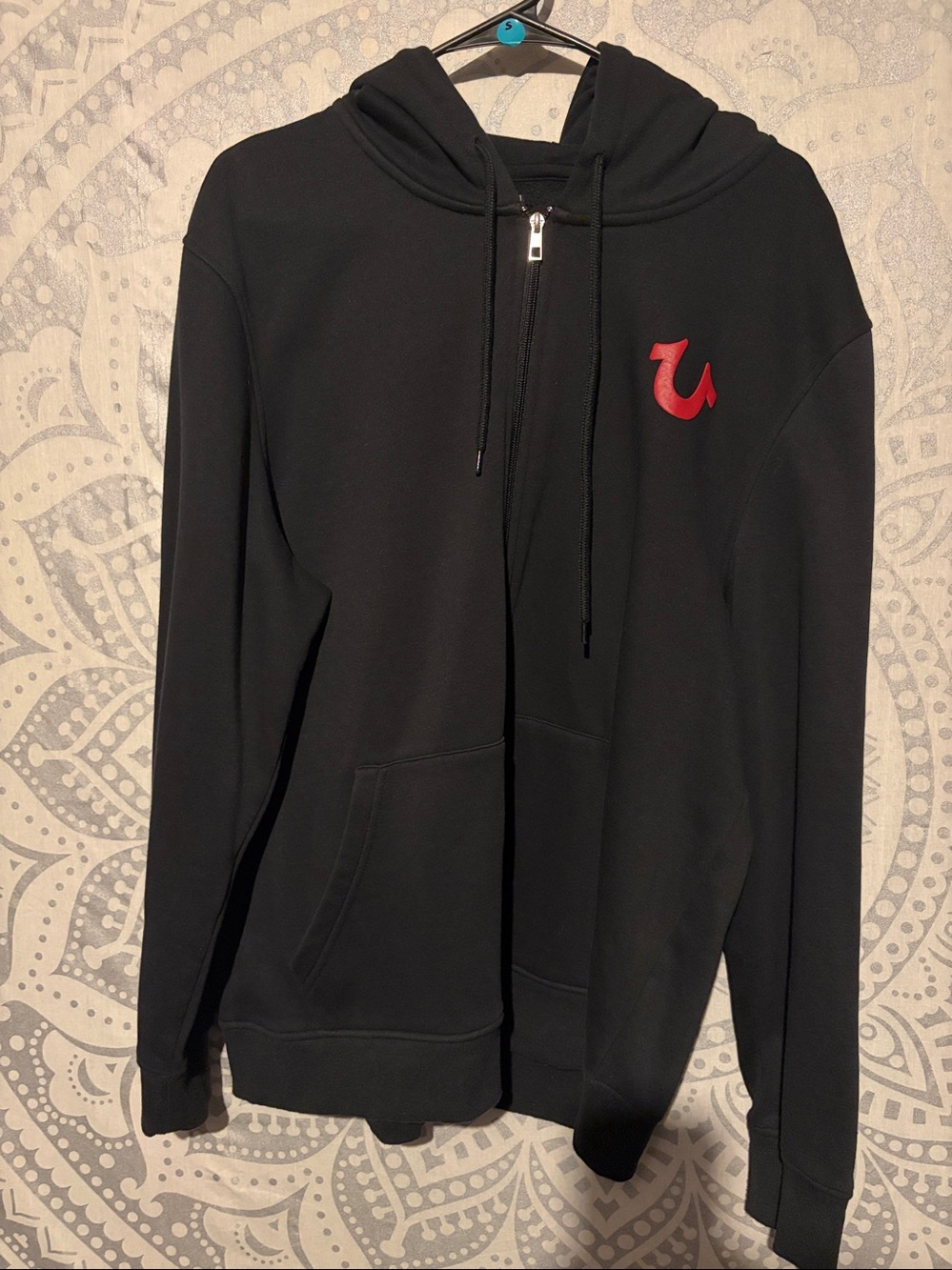 True Religion Mens Black Red Buddha Horseshoe Logo Full Zip Hoodie PTP 23